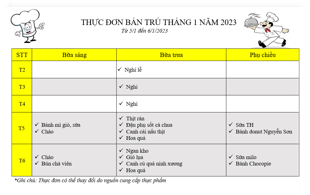Thực đơn bán trú tháng 1 năm học 2022 - 2023