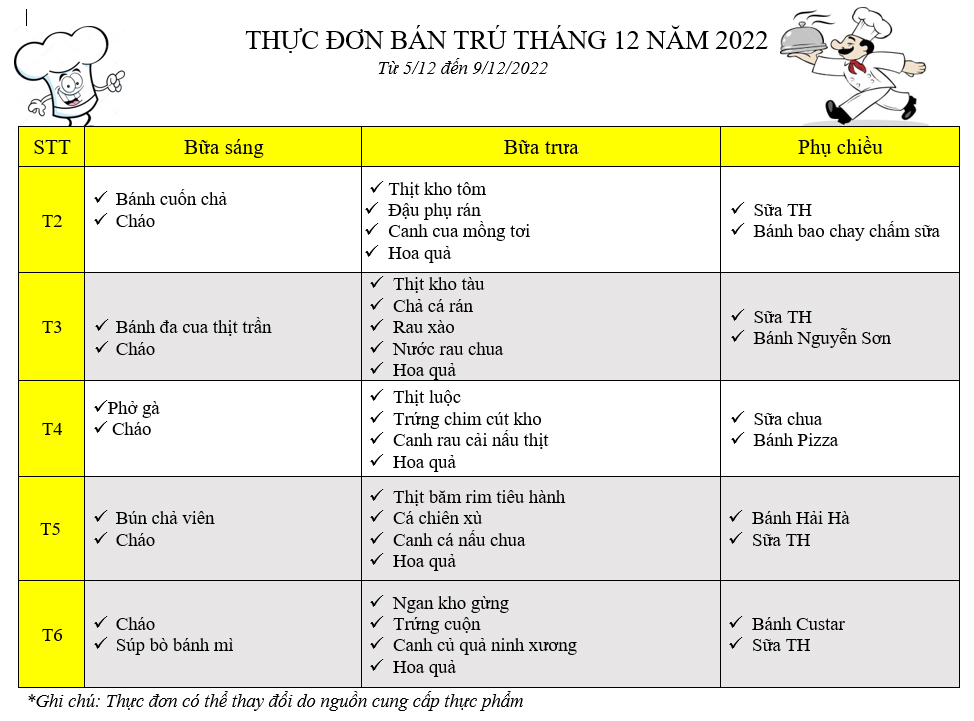 Thực đơn bán trú tháng 12 năm 2022