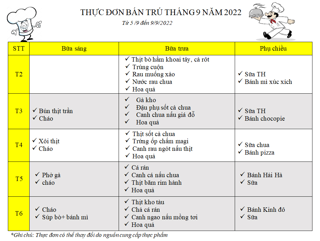 Thực đơn bán trú tháng 9 năm học 2022 - 2023