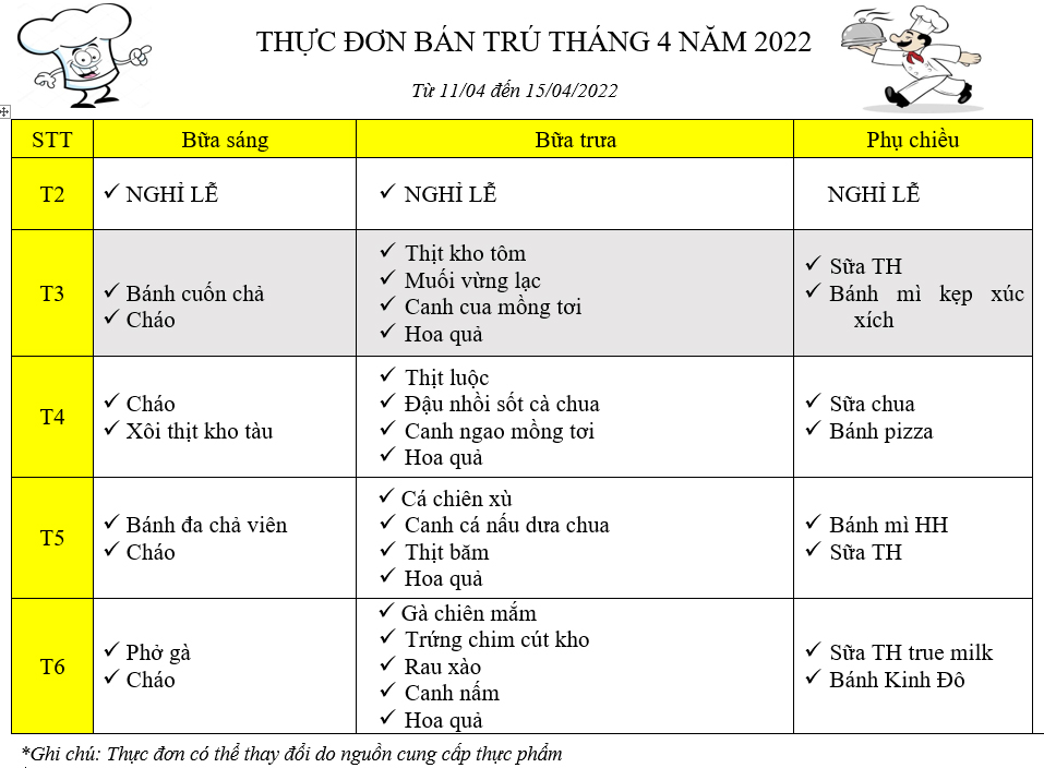 Thực đơn tháng 4 năm học 2021 - 2022