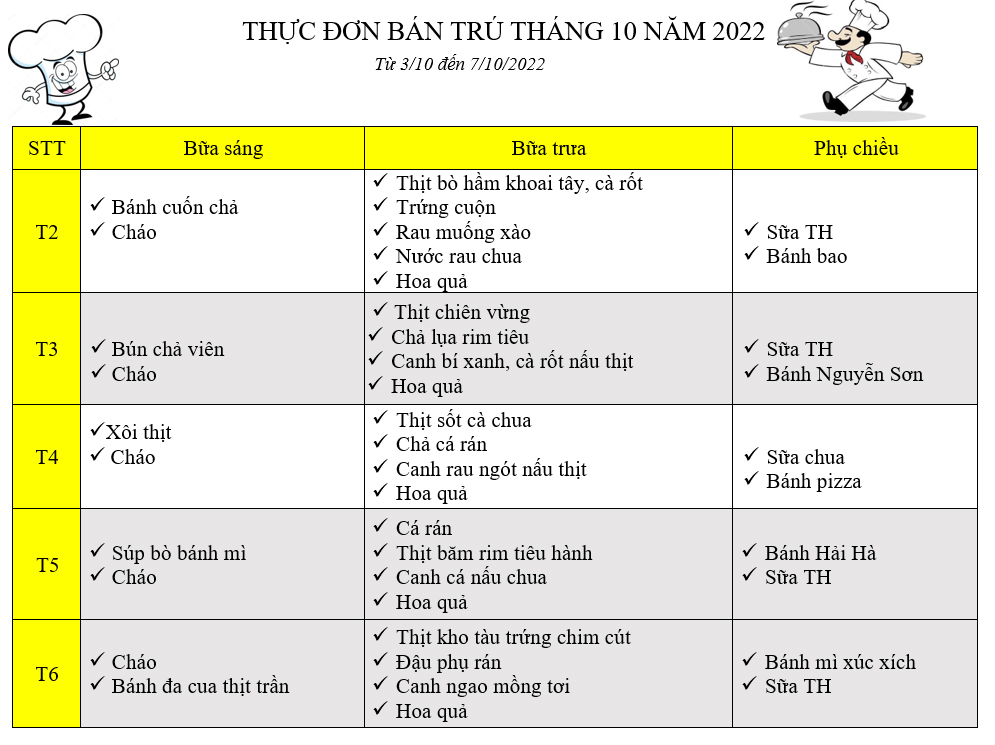 Thực đơn bán trú tháng 10 năm học 2022 - 2023