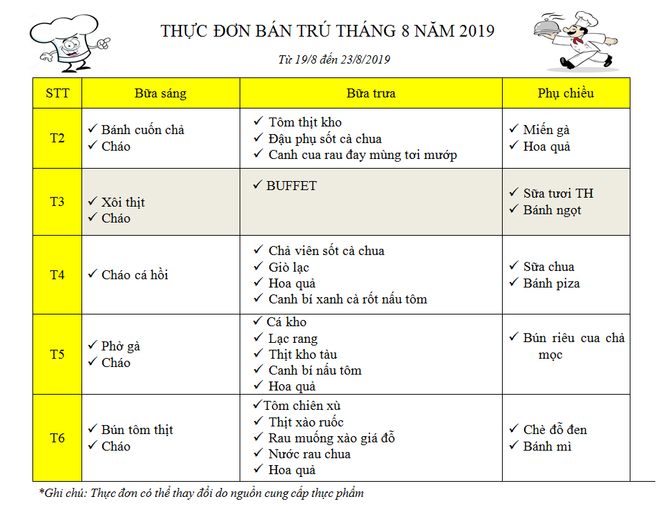 Thực đơn bán trú tuần 2 và tuần 3 tháng 8