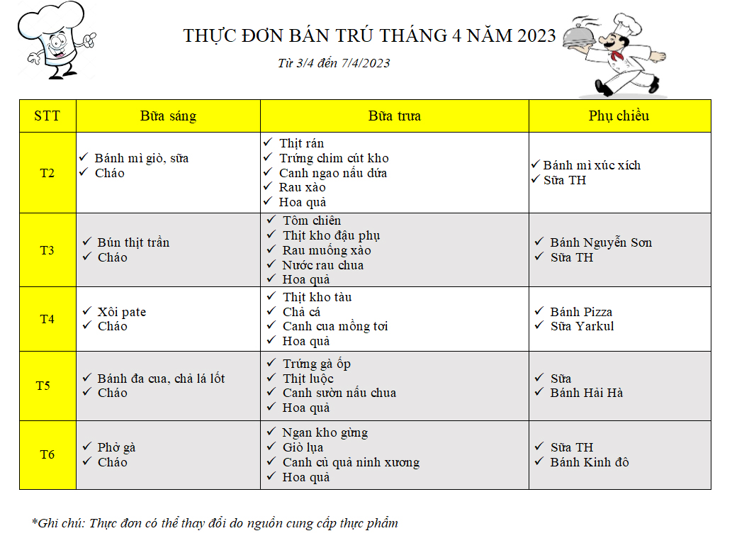 Thực đơn bán trú tháng 4 năm 2023