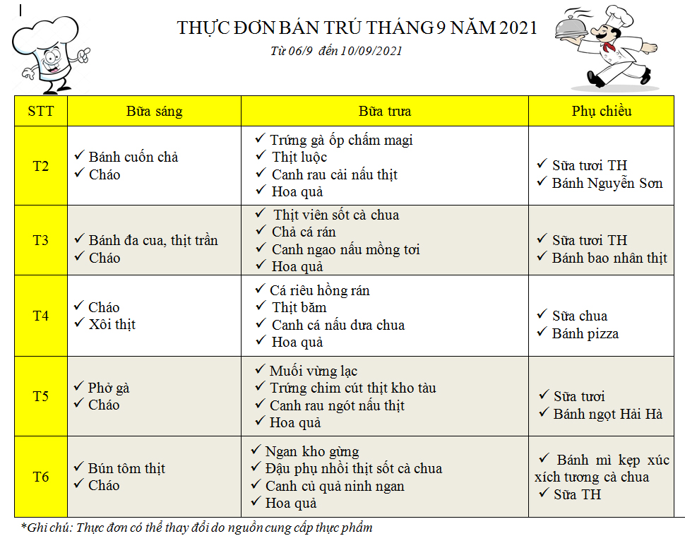 Thực đơn bán trú tháng 9 năm 2021