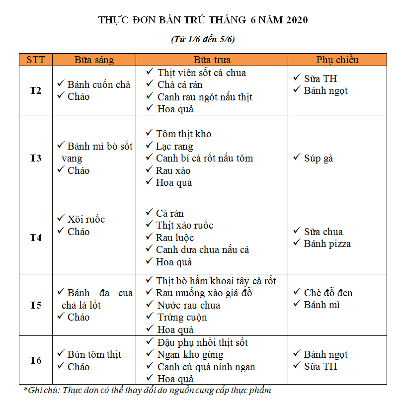 Thực đơn bán trú tháng 6 năm 2020