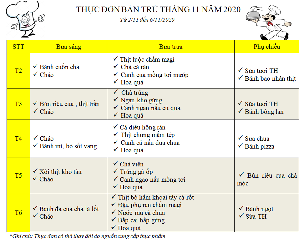Thực đơn bán trú tháng 11 năm 2020