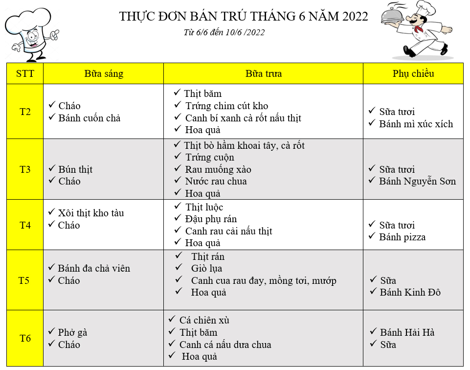 Thực đơn bán trú tháng 6 năm 2022