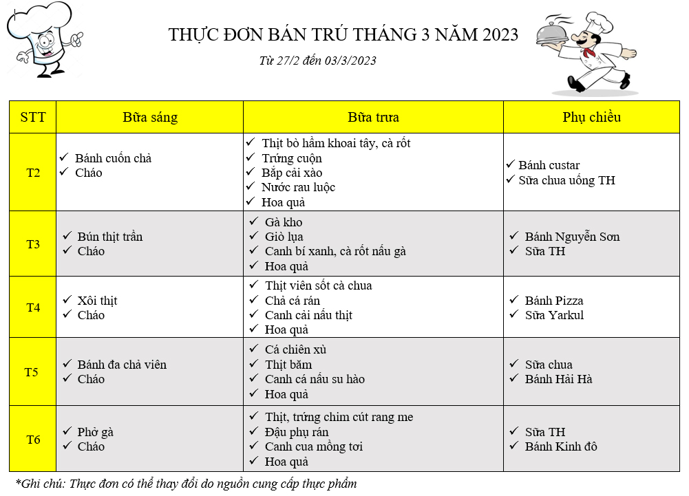 Thực đơn bán trú tháng  3 năm 2023